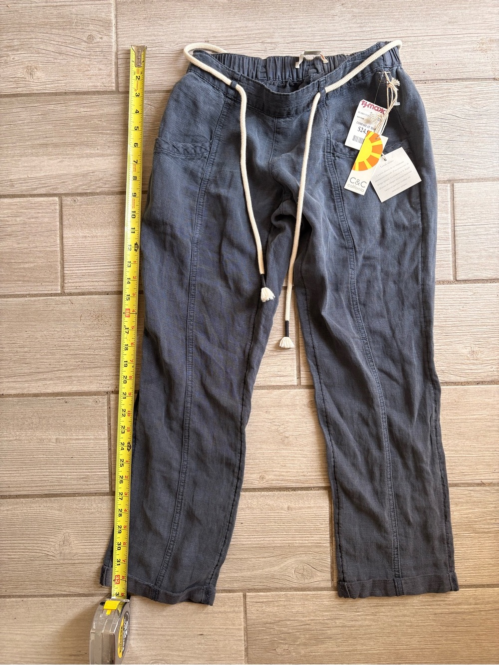 C&C California Charcoal Elastic-Waist Linen blend Pants with Cream Drawstring